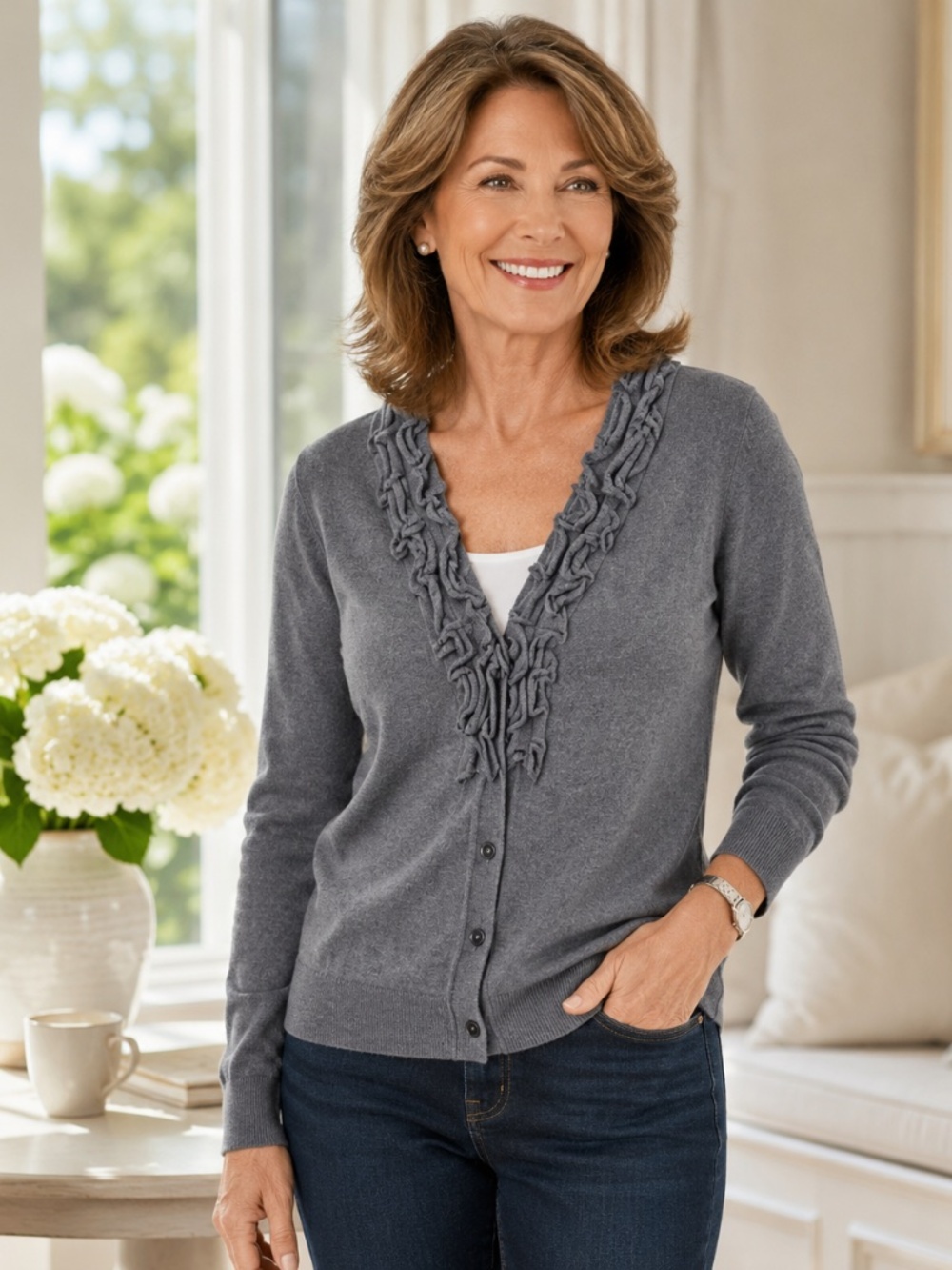 Classic Talbots Gray Knit Ruffle Front Cardigan Sweater‎ Small Office Chic